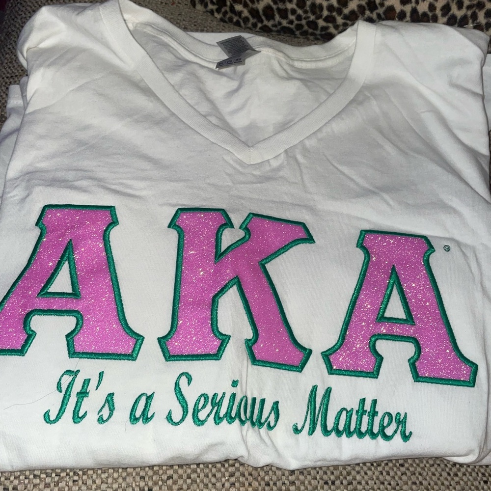 White V-Neck T-Shirt with Pink and Green AKA Print